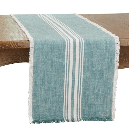 Saro 13 x 72 in. Striped Fringe Oblong Table Runner, Turquoise 1919.TQ1372B